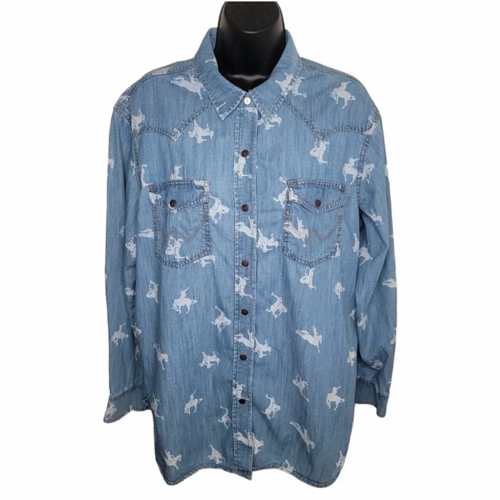 Wrangler Retro Bronco Denim Snap Women’s Western Shirt Large - Picture 2 of 6